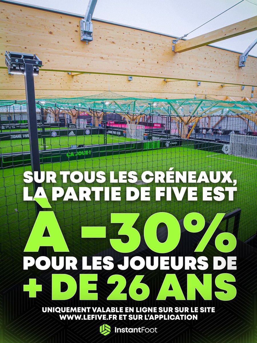 lnstantFoot's tweet photo. 🚨 LE FIVE régale cet été en nous proposant un tarif DINGUE pour nos fives entre potes ! ⚽️

31 centres disponibles en France et des prix À LA BAISSE sur TOUS LES CRÉNEAUX et ça jusqu’au 31 août ! 

• 5€ pour les - de 26 ans 
• -30% pour les + de 26 ans 

Pour plus d’infos ça se passe sur le site 👉 https://t.co/BdLe5DYvLO

Vos amis ne pourront plus trouver d’excuses pour éviter de se prendre des petits ponts. 👀 

𝘌𝘯 𝘤𝘰𝘭𝘭𝘢𝘣𝘰𝘳𝘢𝘵𝘪𝘰𝘯 𝘢𝘷𝘦𝘤 @lefivefc.