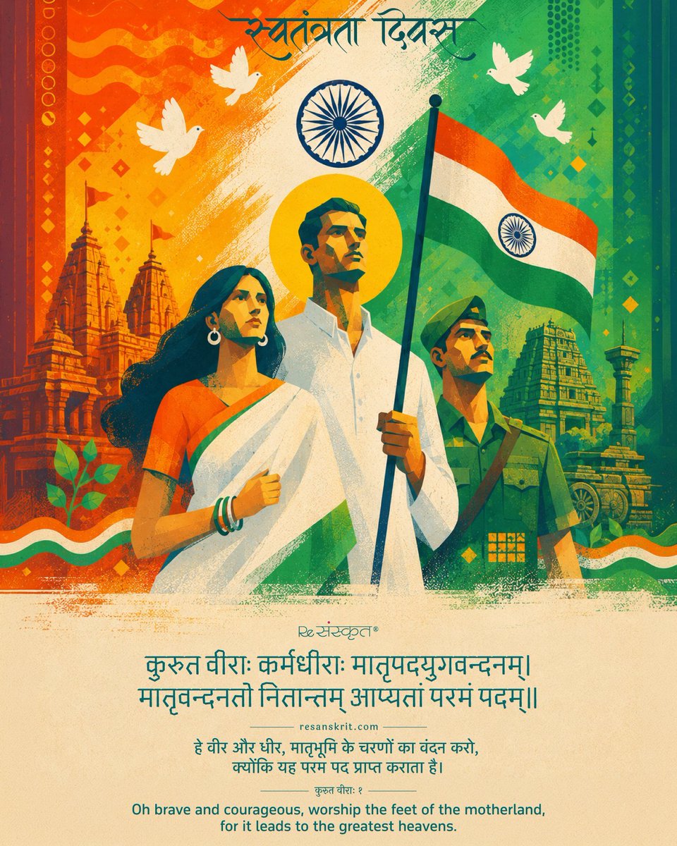 KAMISHRA08's tweet photo. स्वतन्त्रतादिवसस्य शुभाशयाः। 🇮🇳

May we always honor our motherland with courage, gratitude, and devotion, and carry forward the responsibility of building a stronger Bharat.

वन्दे मातरम्। 🇮🇳

#IndependenceDay #IndependenceDayIndia #VandeMataram #Bharat #IndianWisdom https://t.co/oQi2mNf5Rr