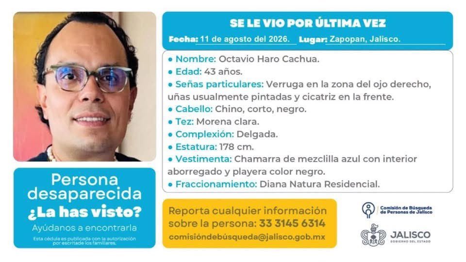 cryingLulu's tweet photo. 🚨 AYÚDANOS A ENCONTRAR A OCTAVIO 🚨

Octavio Haro Cachua está desaparecido. 🙏 Su familia y amigos seguimos buscándolo.

#DondeEstaOctavio #OctavioHaroCachua

@PabloLemusNavarro @FiscaliaJal @GobiernoJalisco @Busqueda_MX @OHarfuch https://t.co/L8BNM8hnNl