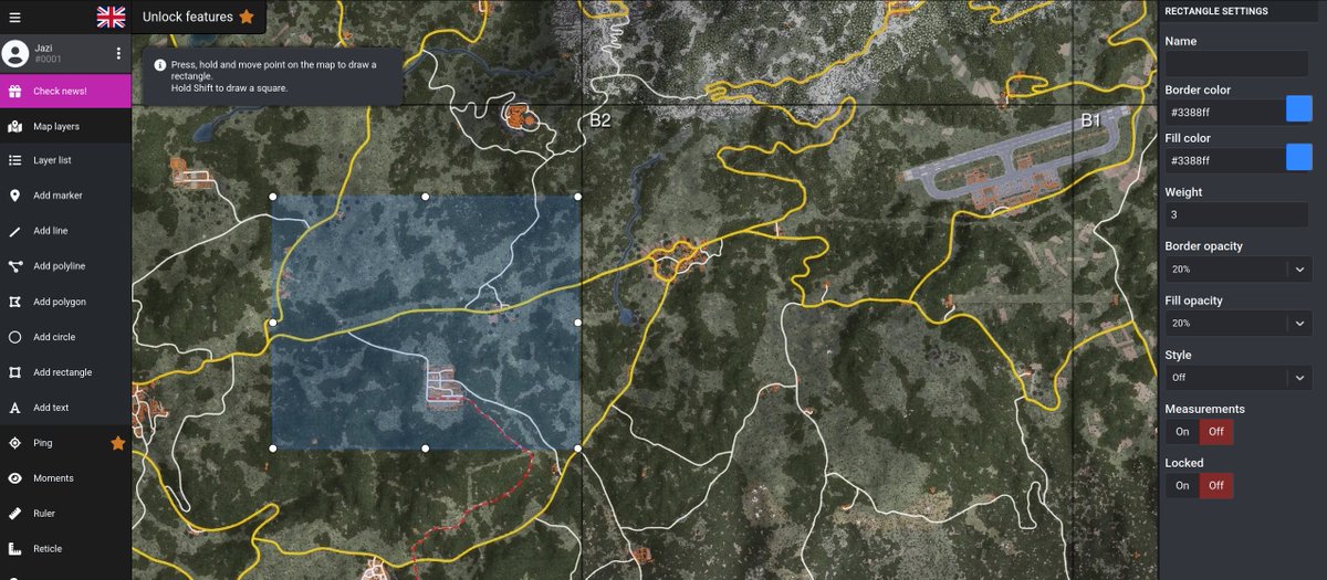 JaziTheDev's tweet photo. New on the SCUM-MAP: draw rectangles & squares (hold Shift for a square), and mark a whole landmark category as explored in one click 📐🧭
#scummap #SCUM #SCUMgame
https://t.co/nWemucG7ug https://t.co/zToxNCRxdl