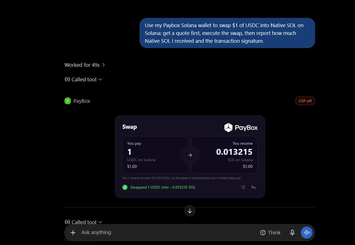 chsakib2's tweet photo. i Just swapped $1 USDC → SOL using @PayBox  

Testing how smooth on-chain payments can actually be https://t.co/WgPiRfzdLe