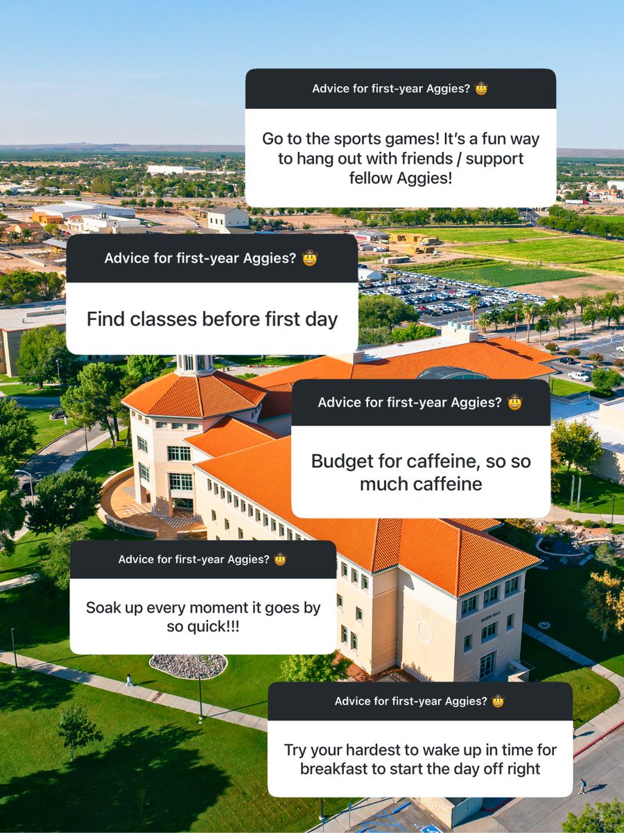 nmsu's tweet photo. First-year Aggies, we’ve got you! 

Here’s some advice from Aggies who’ve been there 🤠 💬 https://t.co/8AQwlYQ2rZ
