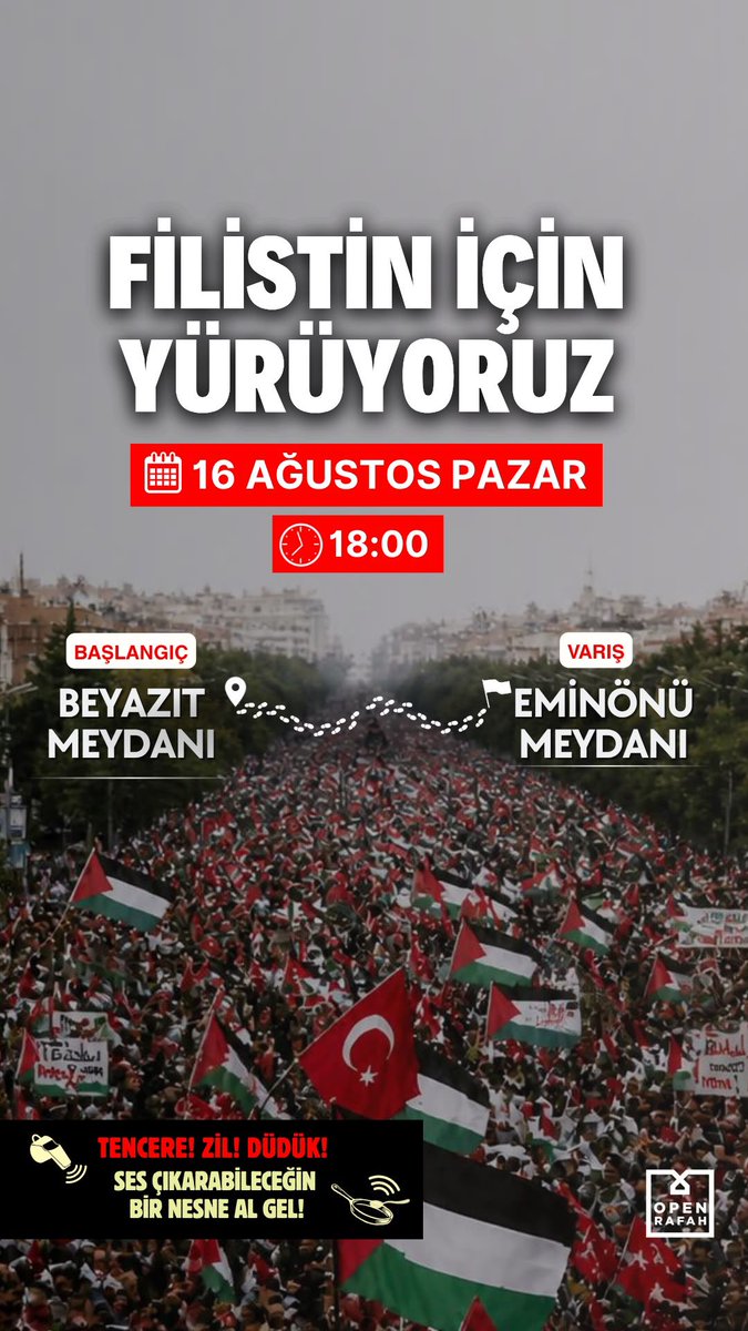saidercan's tweet photo. Ateşkes Yalan oldu.  Gazze’de katliam devam ediyor. 
Bu Sessizliğe karşı bir yürüyüş düzenleniyor. 

Ses Çıkarabileceğin Bir Nesne Al sen de katıl!

📅 16 Ağustos Pazar
🕒 18:00
📍 Beyazıt Meydanından Eminönü’ne

#SoykırımıDurdurun https://t.co/gtJHqkUnTY