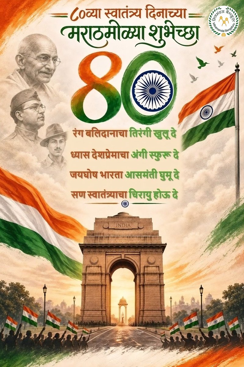MitraMandalBLR's tweet photo. 🇮🇳🇮🇳🇮🇳🇮🇳🇮🇳🇮🇳🇮🇳
मित्रमंडळ बेंगळुरूतर्फे ८०व्या स्वातंत्र्यदिनाच्या सर्वांना हार्दिक शुभेच्छा 💐💐

🇮🇳जय हिंद! जय भारत!🇮🇳 https://t.co/QqVRgOu1wF