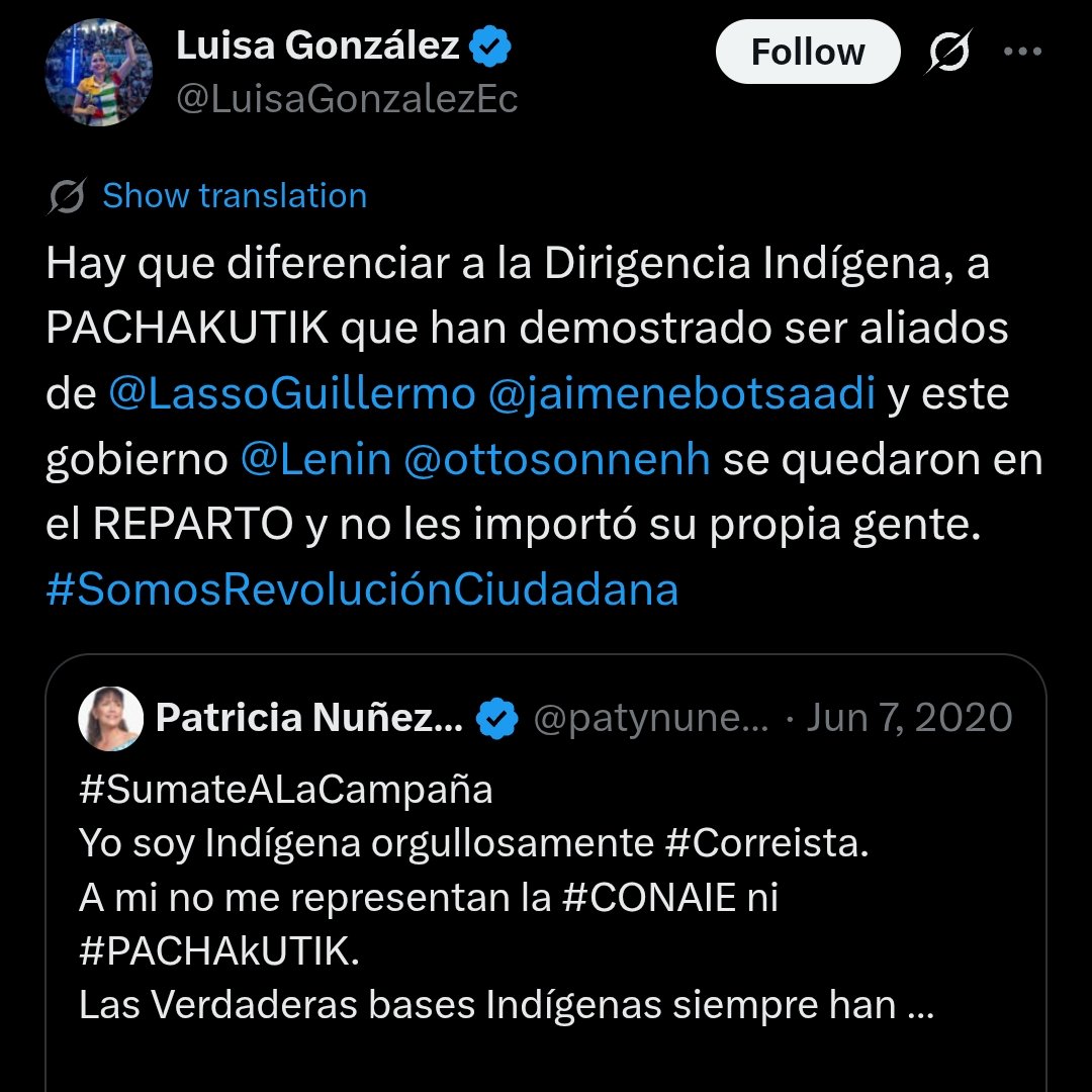 conejo_oligarca's tweet photo. Luisa González será candidata de Pachakutik para la prefectura de Manabí, pero... ¿Qué decía la Rana René de Pachakutik hace solo unos meses?

Pestes, hablaba pestes. Para que vean la "coherencia política" de los RCs: son capaces de vender su alma al diablo si les conviene 🫩👇 https://t.co/SUvIQfYszh
