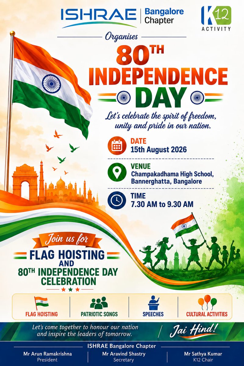 ISHRAE_BLR's tweet photo. 🇮🇳 Freedom is our legacy. The future is theirs.

This #IndependenceDay, ISHRAE Bangalore Chapter – K12 celebrates India’s 80th Independence Day with 
📍 Champakadhama High School, Bannerghatta
Inspiring the leaders of tomorrow. 🇮🇳
#IndiaAt80 #ISHRAE #K12 #JaiHind https://t.co/QzKmBD8AIn