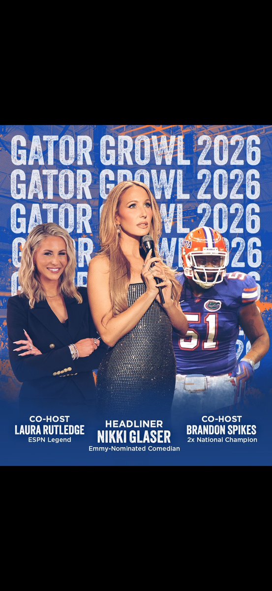 laurarutledge01's tweet photo. Never in a million years did I think I’d be co-hosting Gator Growl! I’ll be taking the stage with Gator Great @LauraRutledge along with Headliner, @NikkiGlaser Let’s make it a sell out like the good old days! 🐊🐊🐊  @UF @hcgatorgrowl @ufalumni @UFWarrington https://t.co/X0ETnUC5Ew