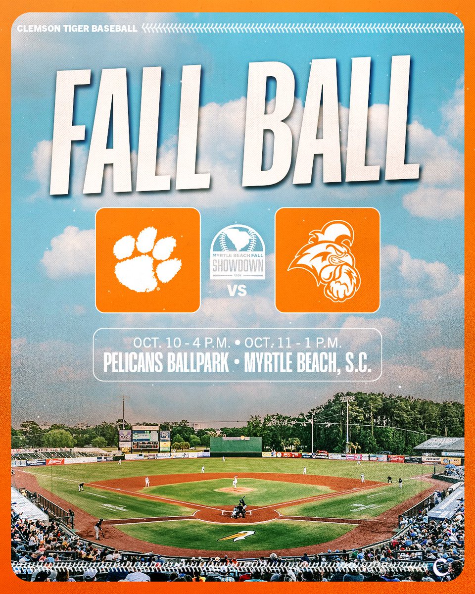ClemsonBaseball's tweet photo. #FallBall is officially on the calendar! ⚾️

We’re heading to Myrtle Beach (Pelicans Ballpark) to play Coastal Carolina on Oct. 10 &amp; 11 in two exhibition contests.

https://t.co/smu6u5Htlc https://t.co/E3EhczOMR8