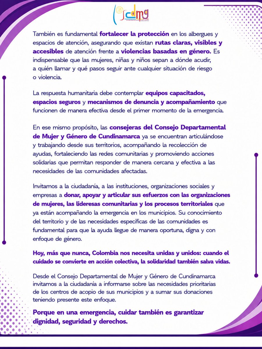 CDMGcundi's tweet photo. La solidaridad también se construye desde los territorios.
Reconocemos el trabajo de las lideresas, organizaciones de mujeres y redes comunitarias que ya acompañan la emergencia. Si vas a donar, articula tus esfuerzos con quienes ya están llevando la ayuda donde más se necesita. https://t.co/wnh5A1FQT7