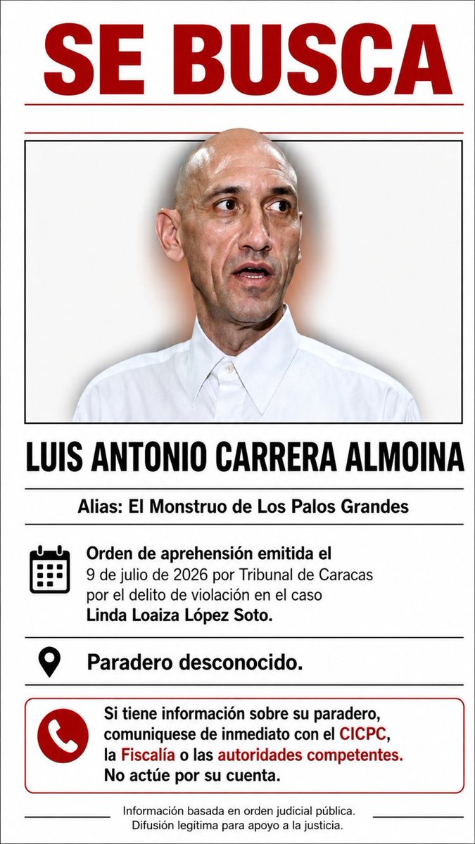 freddyzur's tweet photo. 🚨 #SEBUSCA | EL CASO QUE ESTREMECE A LOS PALOS GRANDES

Surgen nuevos testimonios que vinculan a Luis Carrera Almoina con presuntas agresiones y desapariciones de mujeres. Una de las víctimas habría relatado una supuesta confesión en la que el hombre aseguraba que podía hacer desaparecer mujeres sin que nadie se enterara.

Si estas denuncias son confirmadas por las autoridades, estaríamos ante hechos de extrema gravedad y un patrón que no puede ser ignorado.

⚠️ No basta con llamarlo “monstruo”. Si existen pruebas de asesinatos y desapariciones, debe responder ante la justicia por cada víctima.

La pregunta es inevitable: ¿cuántas denuncias más necesitan las autoridades para actuar?