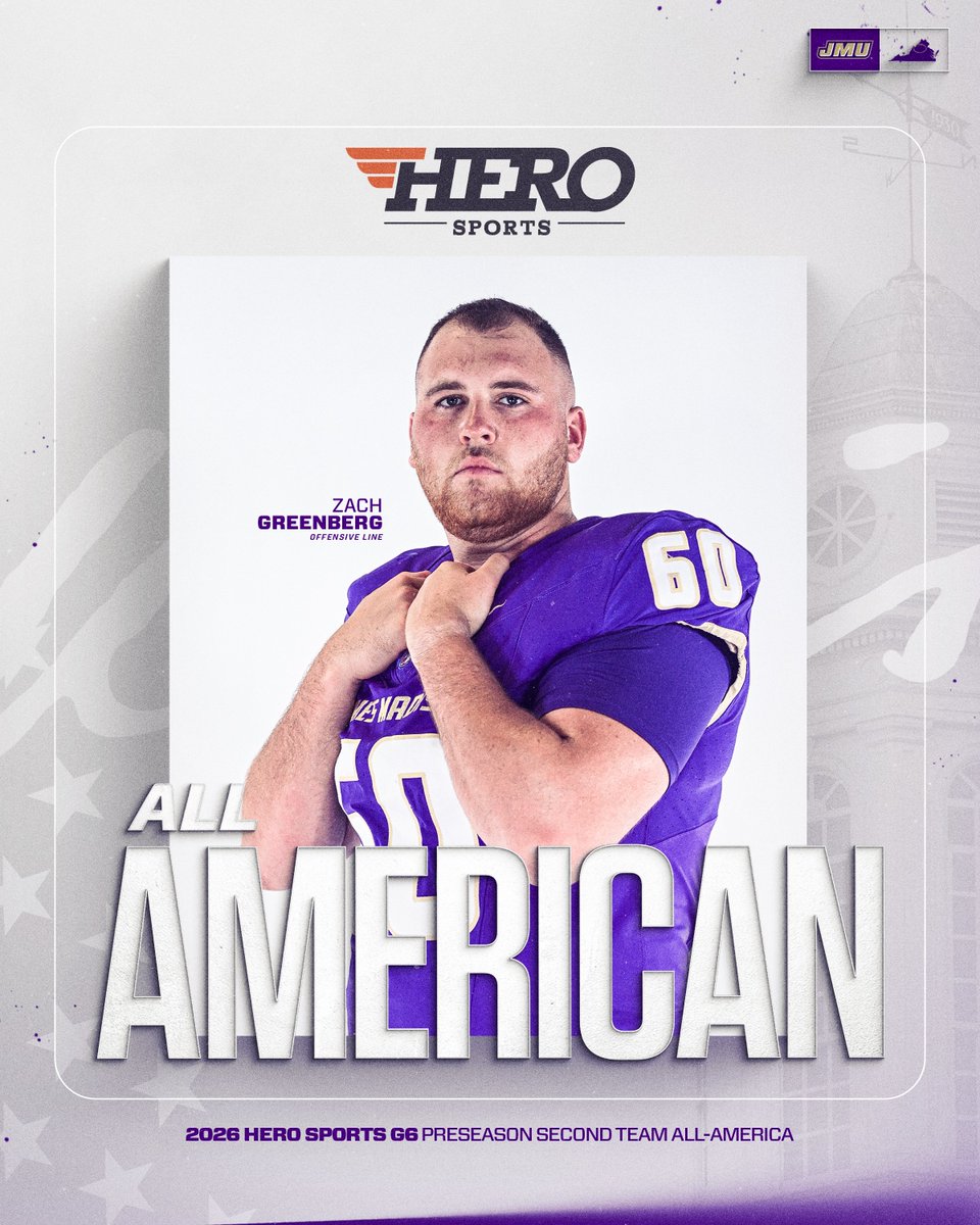 JMUFootball's tweet photo. 𝙏𝙝𝙚𝙧𝙚 𝙜𝙤 𝙢𝙮 𝙝𝙚𝙧𝙤𝙚𝙨 🎤

Congrats to our guys on being named HERO Sports Preseason Group of Six All-Americans!

🦸‍♂️ @AmarThomas7
🦸‍♂️ @zachgreenberg60

#GoDukes | @HEROSportsNews https://t.co/rYgmo080ib