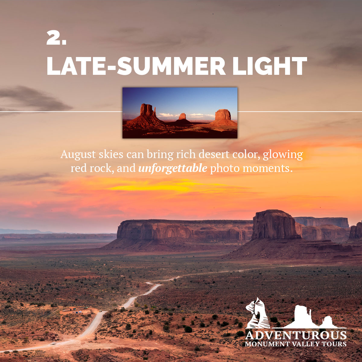 AdventurousMV's tweet photo. Planning one last summer trip? Put Monument Valley on your list for dramatic scenery and meaningful exploration. View tours: https://t.co/U5HDqUzZxE #AugustTravel #MonumentValley https://t.co/86NsXv9Ep8