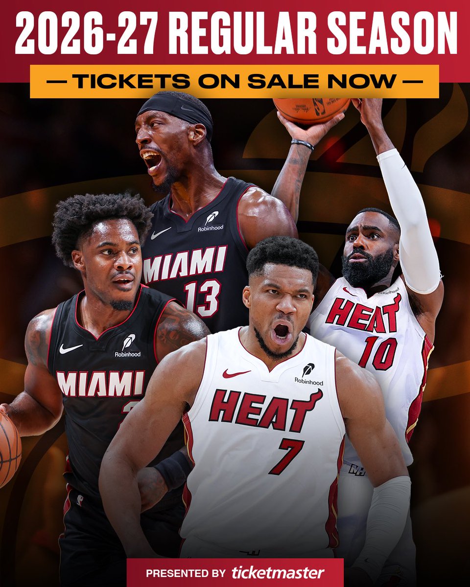MiamiHEAT's tweet photo. The schedule’s set, now all that’s missing is your seat 😎 2026-27 Regular Season tickets are on sale NOW! https://t.co/LdniQCu3Nj
 
Schedule Release // @Ticketmaster https://t.co/M6yH0rlMhZ