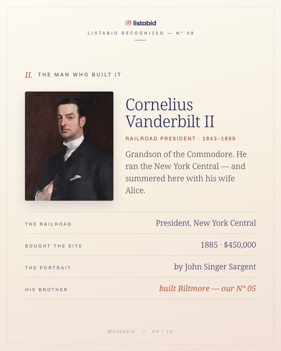 listabidre's tweet photo. They called it a cottage. In 1893, two thousand workers built Cornelius Vanderbilt II a 70-room Italian palazzo above the Atlantic — in two years, in limestone and steel with not one wooden part, and electric light when almost nothing had it. https://t.co/iFNFpLpjln