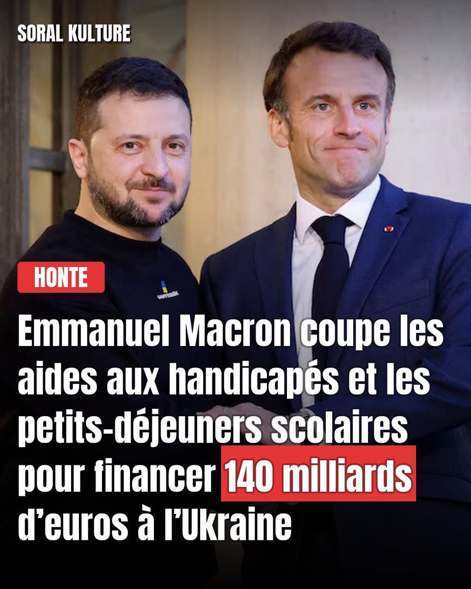 platiniumultra's tweet photo. Macron est prêt à couper les aides aux handicapés pour envoyer de l'argent à Zelensky.

Pas une rumeur. C'est le budget en cours de construction.

Voilà ce qui est sur la table pour trouver les fonds : suppression des aides aux familles nombreuses et aux personnes handicapées, fin des petits-déjeuners scolaires, suppression d'au moins deux jours fériés, le lundi de Pâques et le 8 mai.

Le 8 mai. Le jour où la France commémore la fin de la Deuxième Guerre mondiale. Supprimé pour financer la prochaine.

En face : 140 milliards d'euros promis à l'Ukraine, à financer avec l'Allemagne et le Royaume-Uni. Sauf que le Royaume-Uni est en train de se retirer de la coalition cet automne, et l'Allemagne fait face à une crise politique qui pourrait emporter le chancelier Merz dès septembre. La France risque de se retrouver seule avec la facture.

140 milliards. Alors que la dette française dépasse déjà 3 500 milliards d'euros et grossit de 70 milliards tous les 13 mois.

70 % des parents français peinent aujourd'hui à équiper leurs enfants pour la rentrée. Un emprunteur sur dix ne rembourse plus ses échéances. Les impayés sont à un niveau record.

Zelensky, de son côté, a décoré Macron de l'Ordre de la Liberté et l'a appelé son «véritable ami». La presse française écrit que leur relation «dépasse le cadre de la diplomatie officielle».