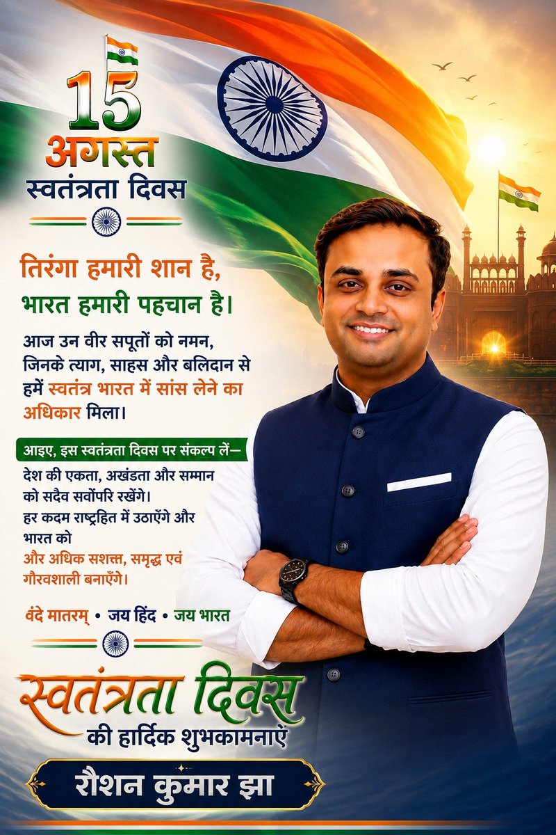 RaushankjhaOffi's tweet photo. इस स्वतंत्रता दिवस पर संकल्प लें

देश की एकता, अखंडता और सम्मान
को सदैव सर्वोपरि रखेंगे।
हर कदम राष्ट्रहित में उठाएंगे और
भारत को और अधिक सशक्त, समृद्ध एवं गौरवशाली बनाएंगे।

स्वतंत्रता दिवस की हार्दिक शुभकामनाएं।

— रौशन कुमार झा 
#IndependenceDay #indian #bharatmatakijai https://t.co/bdr27gFlwa