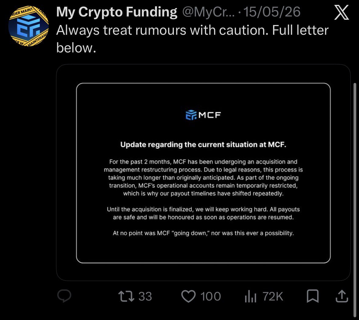 propwatchmedia's tweet photo. 🚨 BREAKING: MCF STAFF BREAK SILENCE “NO PAYMENTS WILL BE MADE”

A message reportedly shared by individuals claiming to be former/current @MyCryptoFunding staff has surfaced, alleging that pending trader payouts may no longer be paid.

According to the message, staff were repeatedly told that outstanding payouts would be processed once the acquisition process was completed.

They now claim they no longer believe any payments will be made including outstanding employee salaries.

The message also alleges that MCF management has been unreachable for an extended period, while staff say they were never given clear information about how the situation reached this point.

This comes after months of trader concerns surrounding pending payouts, limited communication and the future of MCF.

Important: PropWatch has received this information privately and has not independently verified the identity of the individuals or every claim made in the message.

If authentic, this could be one of the most significant developments yet in the MCF situation.

@MyCryptoFunding has yet to publicly address these latest claims.

Traders are still waiting for answers.