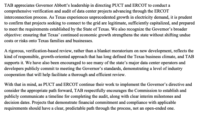 txbiz's tweet photo. Following @GovAbbottPress’ recent directive regarding data center projects in the ERCOT interconnection queue, TAB sent a letter this week expressing our support for the Governor’s efforts and encouraging @PUCTX & @ERCOT_ISO to pair a rigorous review with a clear, transparent & timely process.

Texas businesses thrive when there are clear rules of the road and the regulatory certainty needed to plan major investments with confidence.

Read our full letter: https://t.co/0VUquX59zD

#txlege