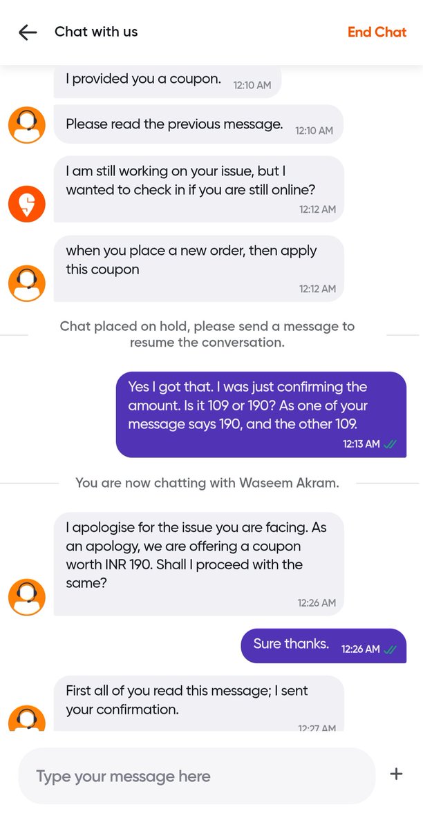 SeagullCurious's tweet photo. @Swiggy @SwiggyCares
 Do you actually have a test for hiring the absolute worst of the clowns for your customer care, lads?

This is "Waseem Akram" (surprise surprise). https://t.co/HId3BFwW5M
