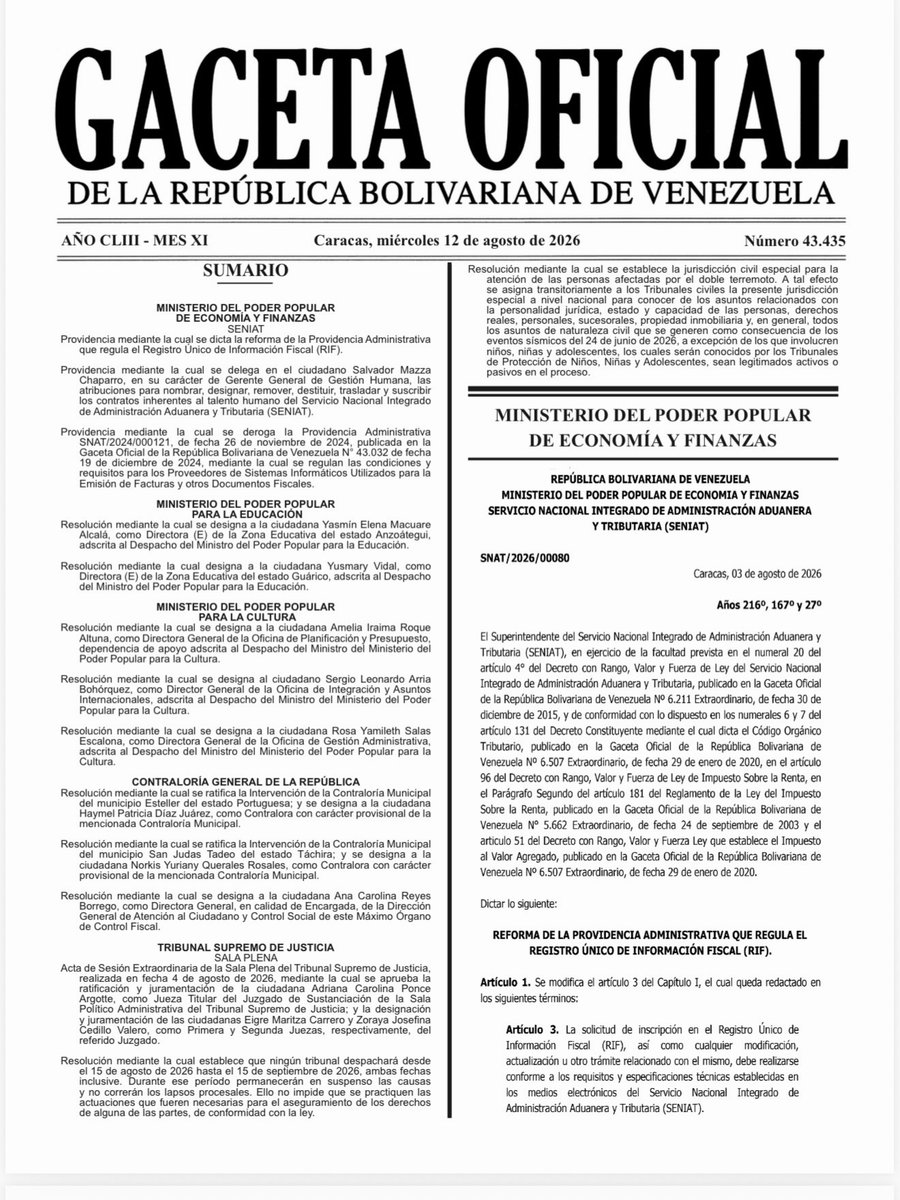 eldiario's tweet photo. #14Ago | El Servicio Nacional Integrado de Administración Aduanera y Tributaria (SENIAT) anunció la eliminación de la fecha de vencimiento del Registro de Información Fiscal (RIF).

“Luego de las revisiones técnicas y legales exhaustivas, consideramos que es una condición que se hace poco relevante y que pudiera generar trámites innecesarios para su actualización. Es por ello que, a partir de esta nueva providencia, el RIF ya no vence y se mantiene el deber de actualizarlo cuando se requiera incorporar cambios inherentes al contribuyente”, explicó Román Maniglia, superintendente del SENIAT, en sus redes sociales.

Asimismo, Maniglia explicó que el organismo consideró “derogar la normativa anterior que exigía una homologación de sistemas informáticos para la generación de facturas, eliminando así una barrera técnica que podría dificultar el acceso al proceso de formalización”.