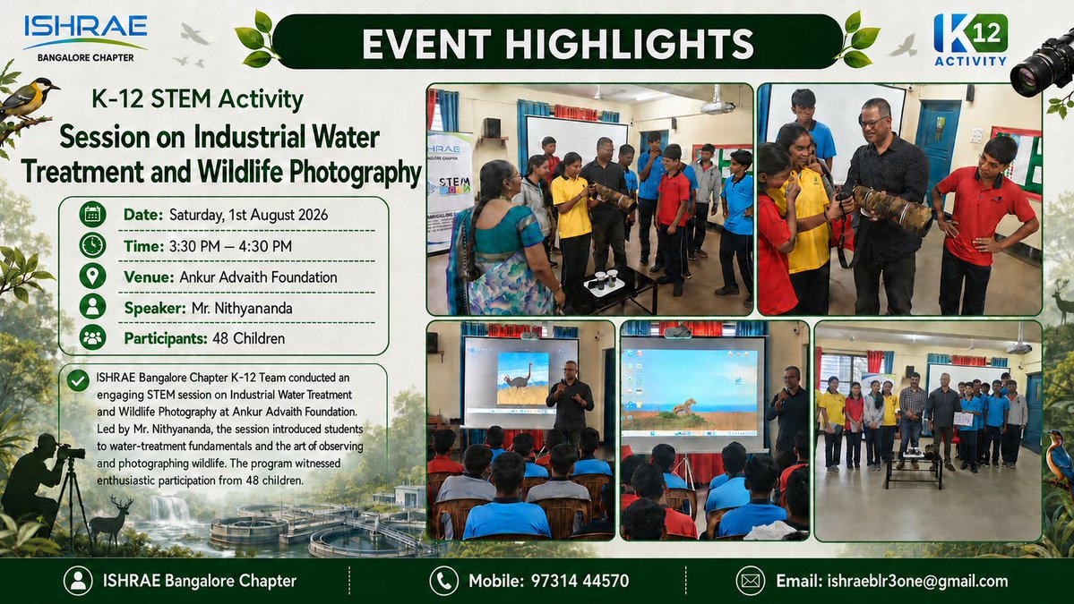 ISHRAE_BLR's tweet photo. STEM got a new lens! 📸💧

Our K-12 Activity on Industrial Water Treatment 

A big thank you to Mr. Nithyananda and all 48 enthusiastic participants.

#K12Activity #STEMLearning #ISHRAEBangaloreChapter #WaterAwareness #WildlifePhotography #YoungMinds #EventHighlights https://t.co/GgUKOd5MIx
