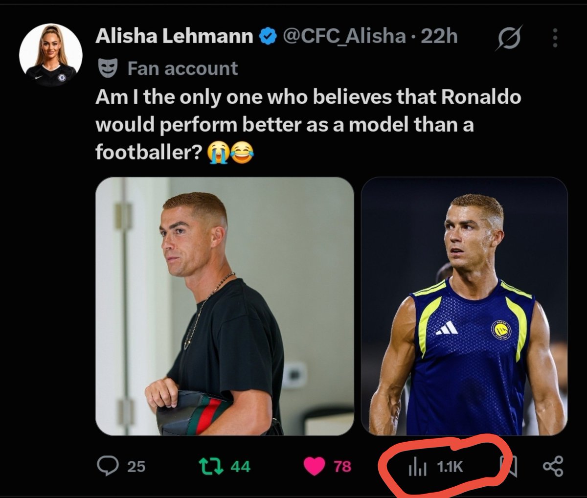 CFC_Alisha's tweet photo. Ever since X implemented the new policy, none of my posts have hit 1k impressions, but surprisingly, when I posted Ronaldo yesterday, I got 1.1k impressions on the post. 

Could this be the Ronaldo effect? 🤔 https://t.co/WtLfdCkHFg