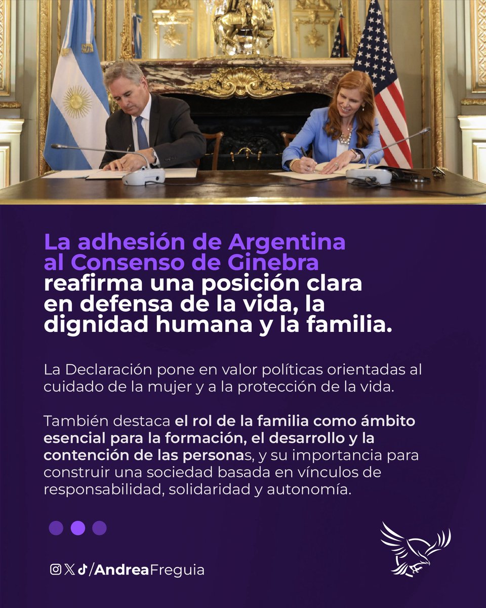 AndreaFreguia's tweet photo. Presentamos un proyecto para expresar nuestro beneplácito por la adhesión de Argentina al Consenso de Ginebra.

Una decisión que reafirma principios fundamentales: la defensa de la vida, el valor de la familia y la libertad de nuestro país para decidir sus propias políticas.

Argentina vuelve a defender estos principios con claridad ante el mundo y frente al globalismo. 🇦🇷