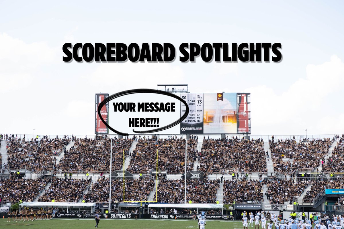 ChargeOnFund's tweet photo. Scoreboard Spotlights are back this season! 📣 Create a personalized message to be featured on the UCF video board during the game of your choice. Messages must be submitted at least one week before your selected game, and spots are limited per game, so secure your spotlight now!
 
Football Spotlights are live now, with more sports in other venues coming soon.
 
Secure your message here: https://t.co/I5gXlDWdWo