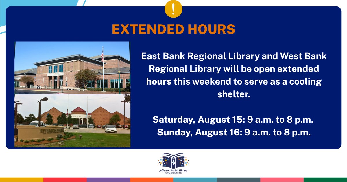 jp_aware's tweet photo. Please remain indoors as much as possible as heat indexes rise up to 115 degrees this weekend.
The East Bank Regional Library and the Westbank Regional Library will be open from 9:00 AM to 8:00 PM on Saturday and Sunday as a cooling shelter for anyone needing to escape the heat. https://t.co/MDtEKHWjVL