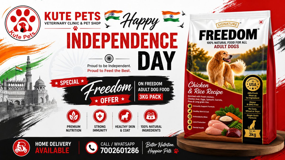 kutepetsassam's tweet photo. 🇮🇳 Happy Independence Day!

🐶 Celebrate with a Special Freedom Offer on Freedom Adult Dog Food 3kg Pack at Kute Pets.

🚚 Home Delivery Available
📞 7002601286

#HappyIndependenceDay #FreedomDogFood #KutePets #DogFood #PetCare https://t.co/00eveBz2H6
