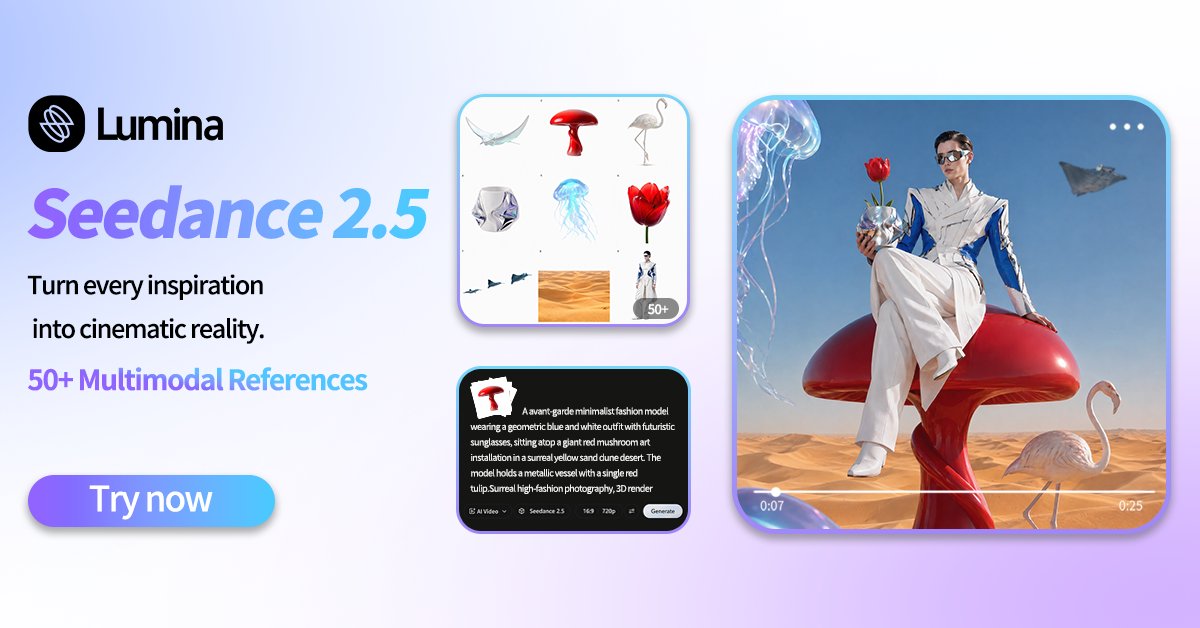 BytePlusGlobal's tweet photo. Seedance 2.5 is now available on Lumina with bonus credits.