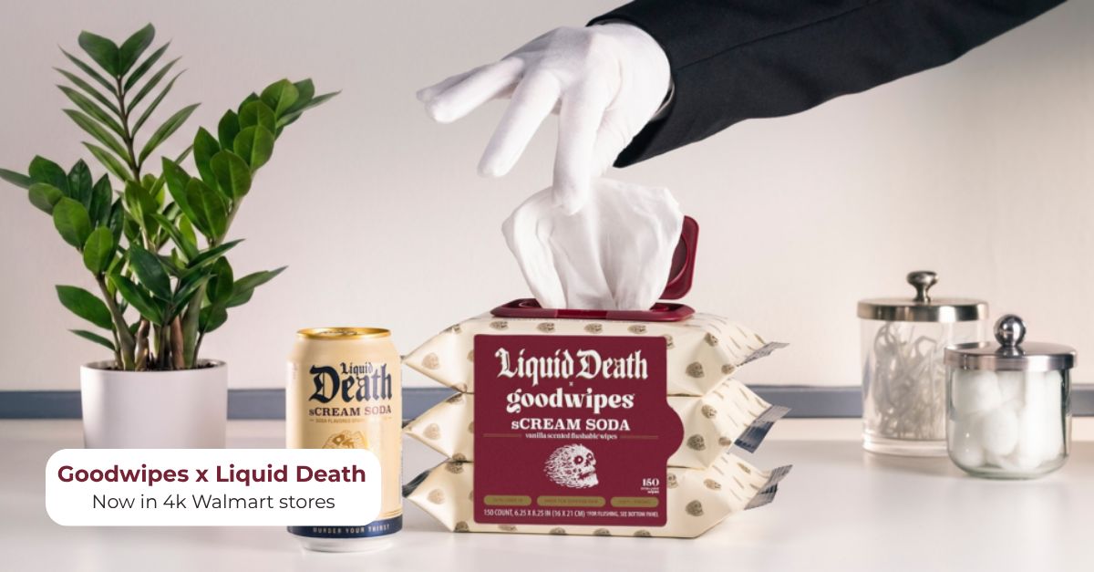 microventures's tweet photo. Two of our portfolio companies just teamed up: Goodwipes and Liquid Death have launched flushable wipes. Infused with Liquid Death Mountain Water, aloe, and vitamin E and inspired by their sCREAM Soda flavor, they're rolling out to 4,000 Walmart stores nationwide. https://t.co/cQEFBcMMor