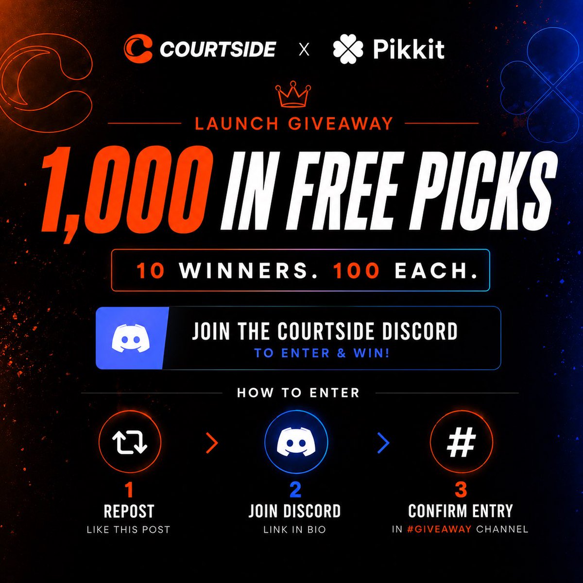 courtsideapp's tweet photo. since we are on the topic of discord….

🎉 1,000 IN FREE PICKS 🎉

We’re giving away 1,000 in free picks to 10 winners. 100 each.

How to enter:
🔁 Repost + like this post
💬 Join the Courtside Discord
#️⃣ Confirm your entry in the #giveaway channel https://t.co/b0PRC4J2F5
