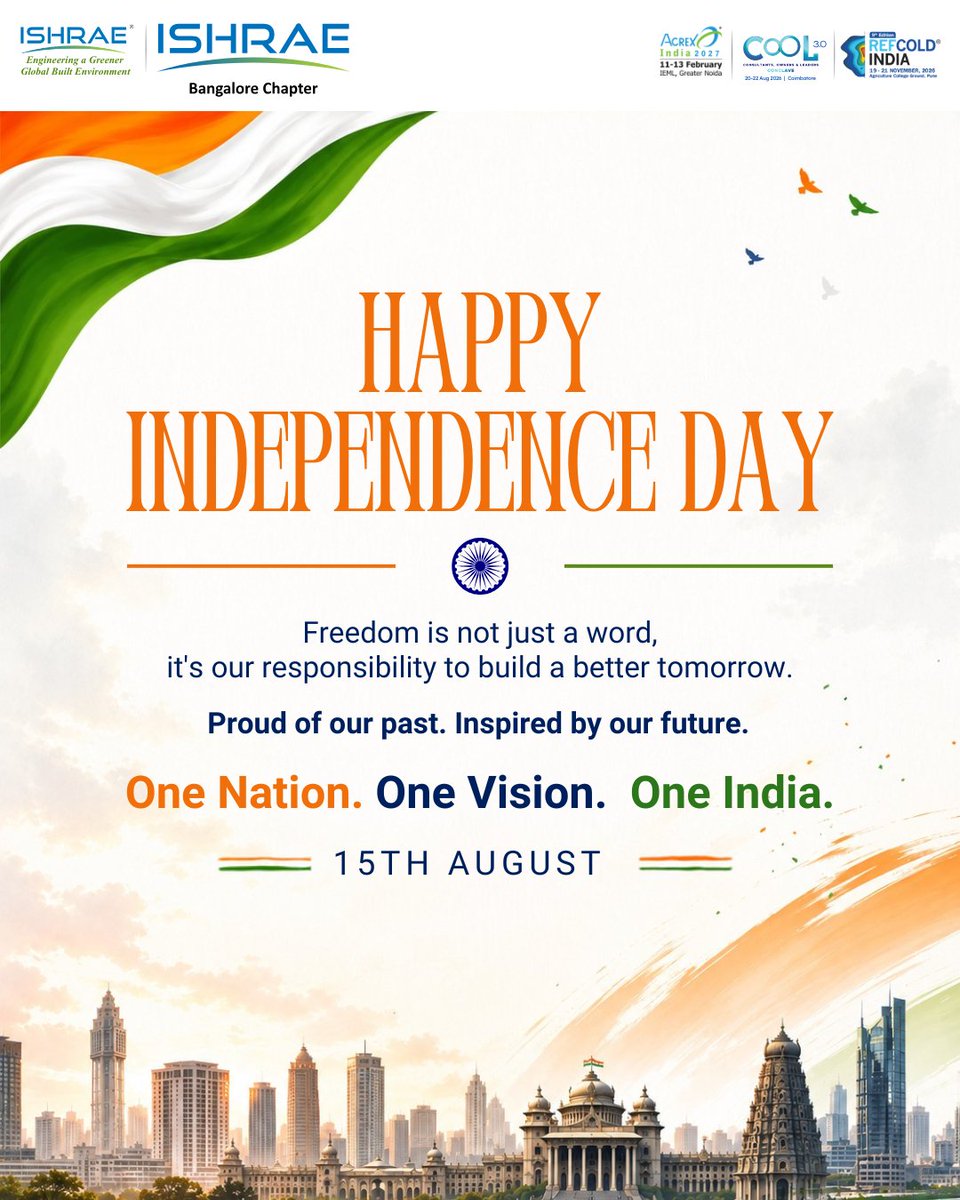 ISHRAE_BLR's tweet photo. 🇮🇳 Freedom built a nation. Responsibility will build its future.

Proud of our past. Inspired by our future.

🧡 One Nation.
🤍 One Vision.
💚 One India.
Happy Independence Day! 🇮🇳
#IndiaAt80 #ISHRAE #IndependenceDay #JaiHind https://t.co/kdG1rWnmy7