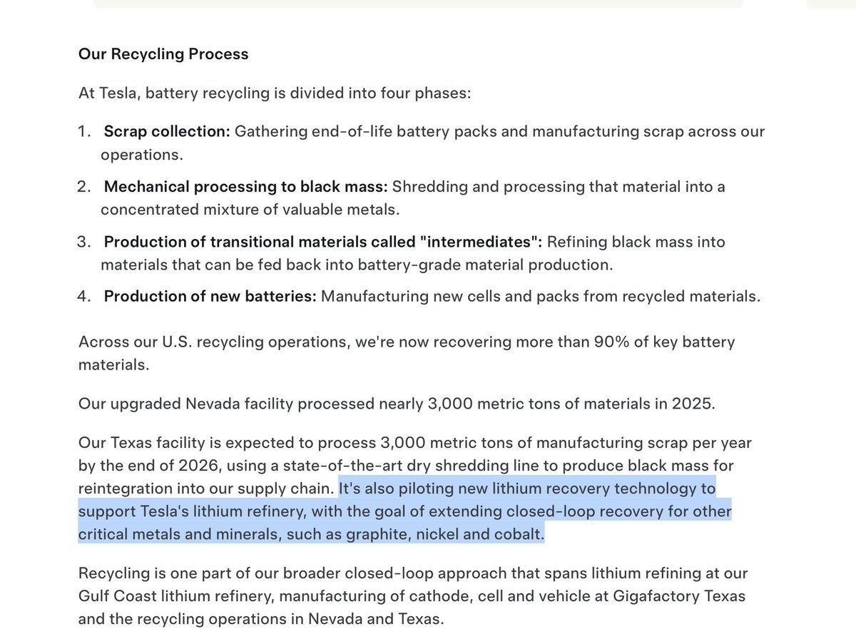 SawyerMerritt's tweet photo. Tesla says in a new blog post that they are piloting a new lithium recovery technology to support the company's lithium refinery, with the goal of extending closed-loop recovery for other critical metals and minerals, such as graphite, nickel and cobalt.

"Across our U.S. recycling operations, we're now recovering more than 90% of key battery materials. Our upgraded Nevada facility processed nearly 3,000 metric tons of materials in 2025. Our Texas facility is expected to process 3,000 metric tons of manufacturing scrap per year by the end of 2026. By 2030, our recycled material output will rival the output of mines in North America."