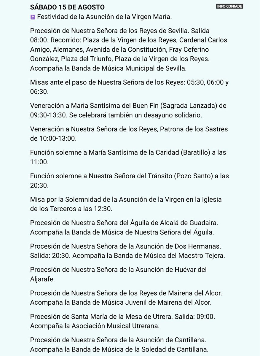 info_cofrade's tweet photo. 📚 𝐀𝐆𝐄𝐍𝐃𝐀. Sábado 15 de agosto. 
Festividad de la Asunción. La Virgen María recorre las calles en numerosos rincones de nuestra geografía.

#AgendaCofrade #InfoCofrade365días #SevillaHoy https://t.co/IxSMGmUSri