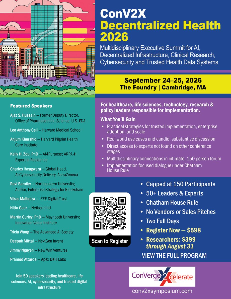 BHTYJournal's tweet photo. ConV2X is coming to CAMBRIDGE! Join Michelin Star Speakers in a 150 max capacity room.  Sept. 24–25
🔹Direct access to leaders
🔹Special $399 researcher rate available
🔹Fantastic networking experience
🔹Learn, collaborate & find partners
🔹Put yourself on the map in this field
🔹Build your strat plan

Register: https://t.co/HqrVZjVFoM

Please repost and share with your community.

#ConV2X #DigitalHealth #HealthcareAI #DecentralizedHealth #HealthInnovation