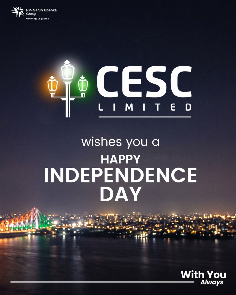 CESCLimited's tweet photo. Celebrating the spirit of freedom, the power of a nation, and the promise of a brighter tomorrow.
CESC wishes you a Happy Independence Day.
CESC. With You Always.
#HarGharTiranga #IndependenceDay #Kolkata #CESC #WithYouAlways https://t.co/wjlqATAVbi