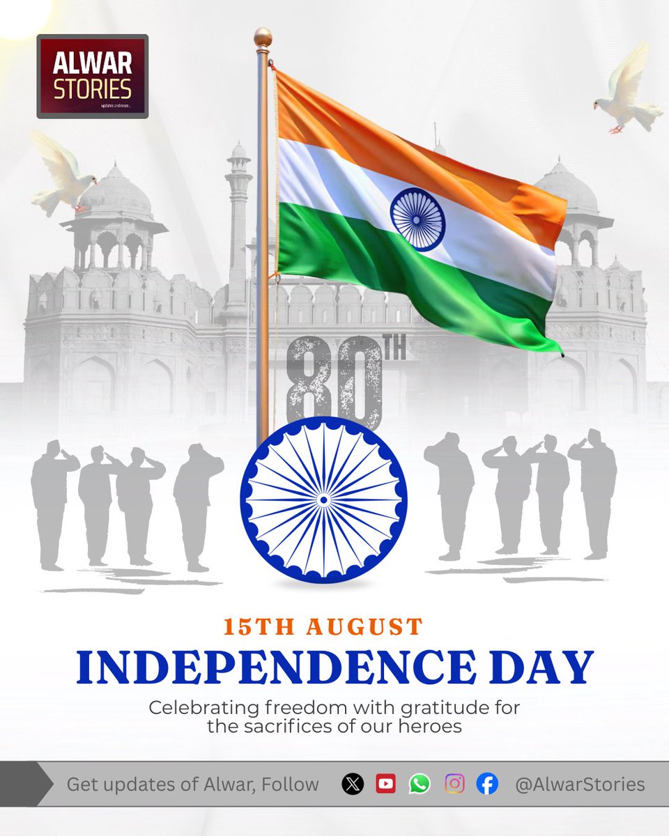 AlwarStories's tweet photo. Happy Independence Day Celebrating freedom with gratitude for the sacrifices of our heroes

#independenceday2026 #indiaindependenceday #alwarstories #india 
 #IndependenceDay https://t.co/HUW8anmkTU
