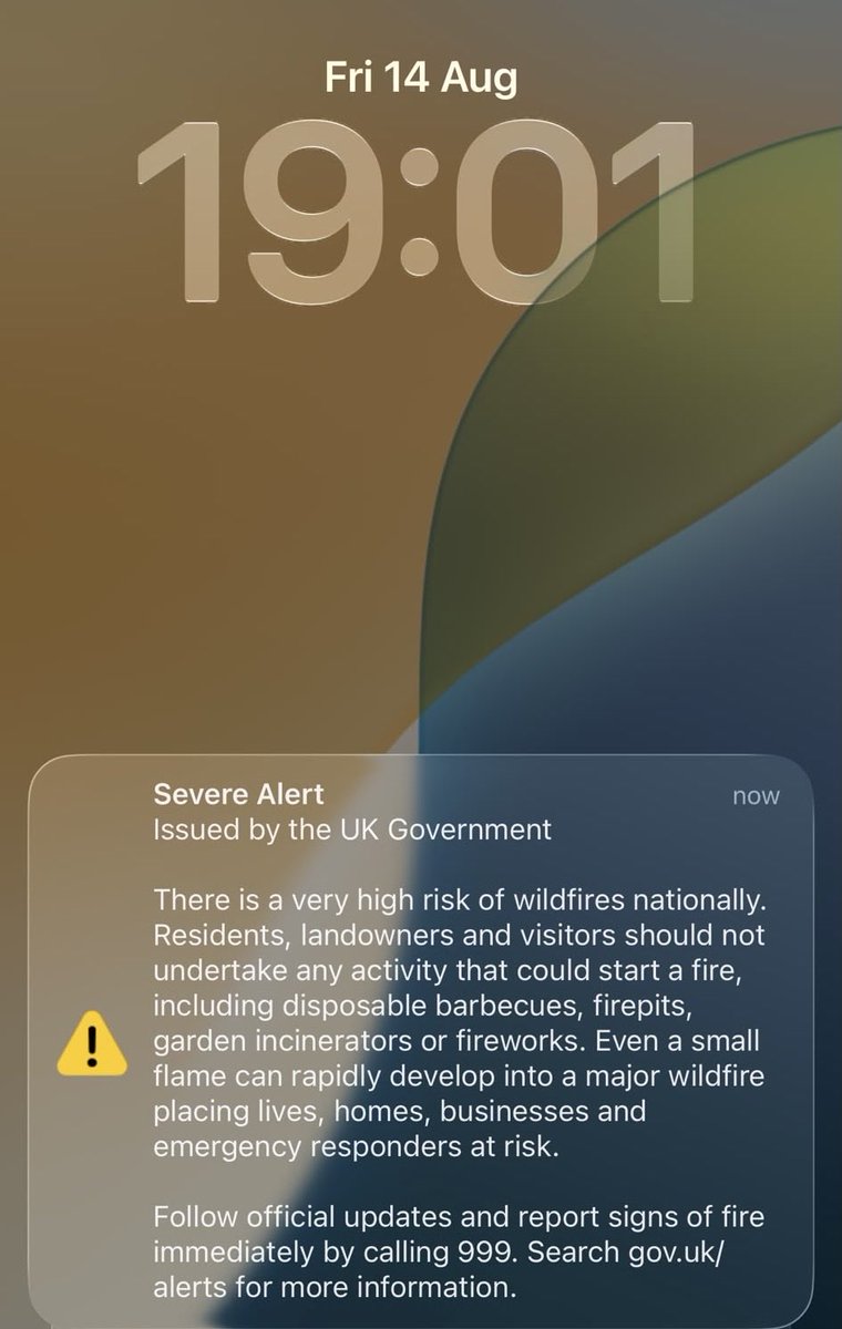 CllrJackWhite's tweet photo. Thanks @GOVUK. Seeing the news over the last couple of days kinda made us all aware it’s a bit toasty out there and to be careful. #wildfire #emergencyalert #ukgov #fyp https://t.co/MeKqzoSuL2