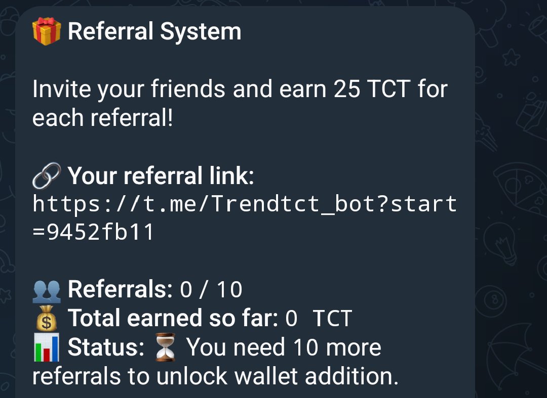 trend_catt's tweet photo. 🚨 Important TCT News 🐱

We’ve added a referral system to the bot! 🤝
💰 Invite your friends and earn rewards to help you get TCT without an upfront purchase.

🤖 Official Bot: https://t.co/FrEzch8bNz

#bot #meme #TCT #Crypto #X https://t.co/BMgIX3CCew