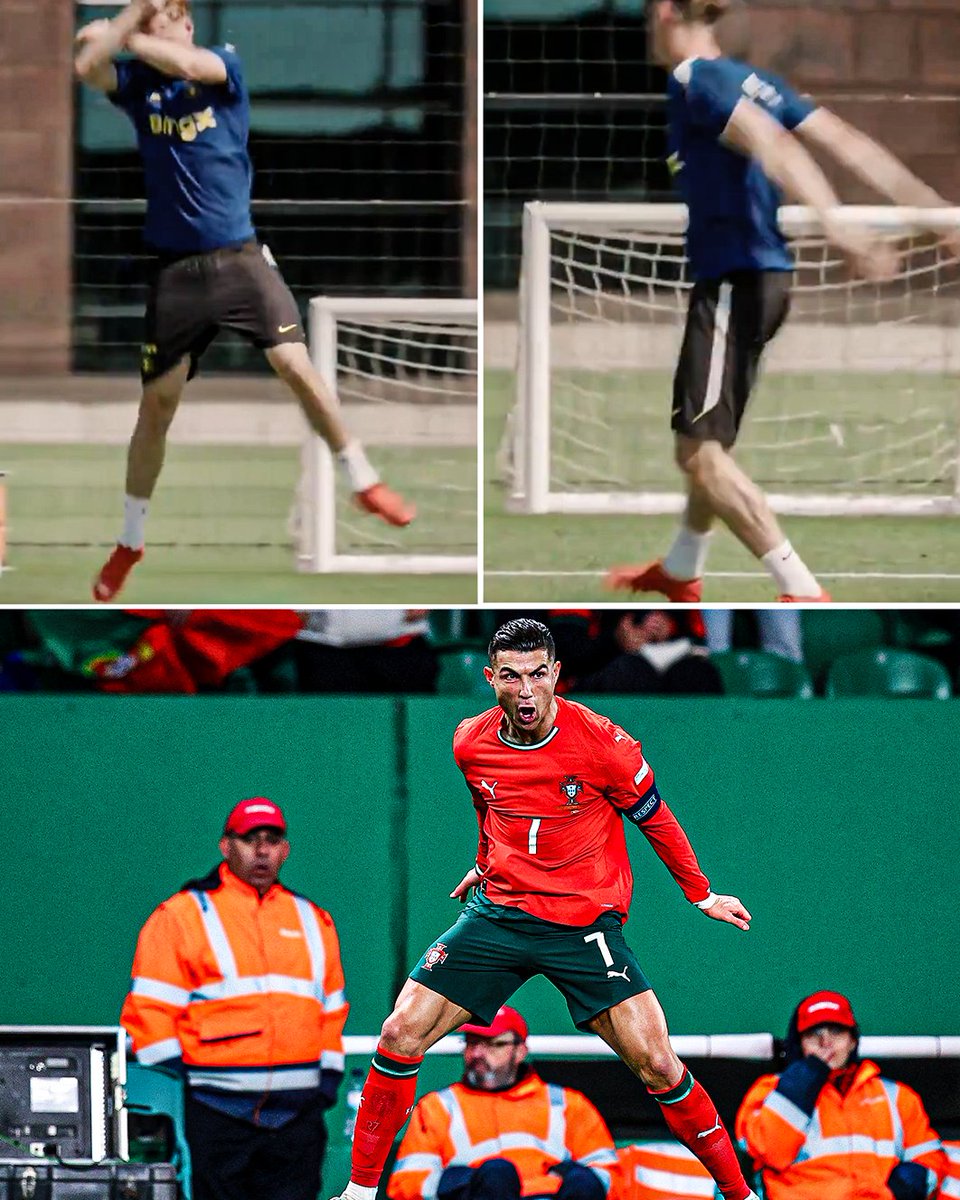 ESPNUK's tweet photo. Cole Palmer hitting Cristiano Ronaldo's 'Siuu' celebration in training 🤝 https://t.co/Q6Cax7qLba