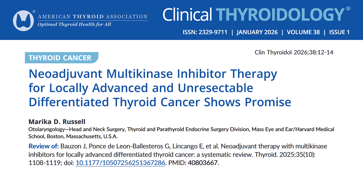 clinicalthyroid's tweet photo. Dr. Marika Russell discusses study in @thyroidjournal on #Neoadjuvant kinase inhibitors for advanced or unresectable differentiated #ThyroidCancer.
https://t.co/dhK9nFy0Nw
@MassEyeAndEar #endotwitter #medtwitter #thyroid @thancfoundation @ThyCaInc #MKI #DTC https://t.co/ex2qi7FsBi