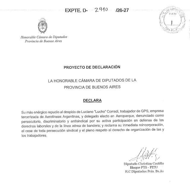 chipicastillo's tweet photo. En @HCDiputadosBA presentamos proyecto de declaración repudiando el despido persecutorio de @luchocorradi en GPS, empresa tercerizada de Aerolíneas, y exigiendo su reincorporación https://t.co/aP6mDp4aC6