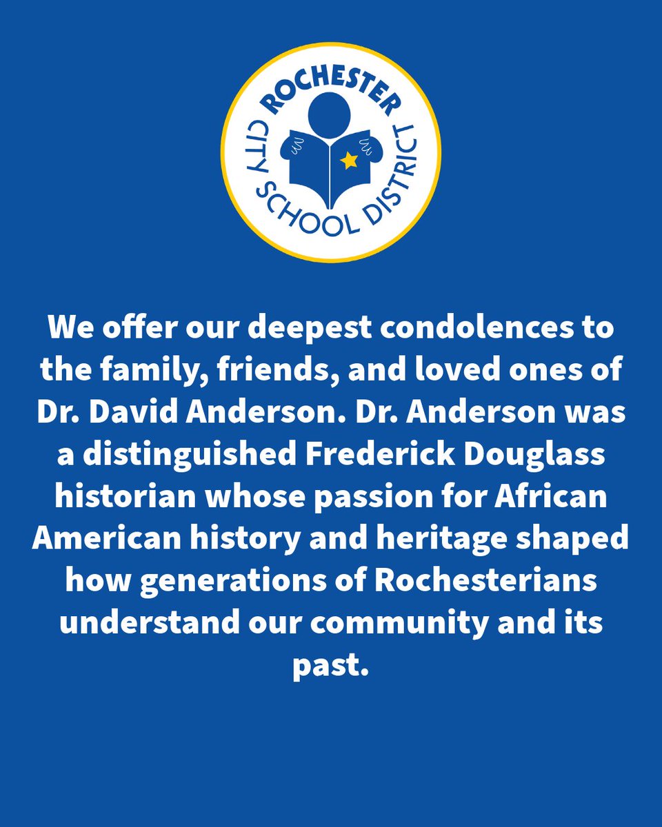 RCSDNYS's tweet photo. Statement from the Rochester Board of Education and the Rochester City School District on the passing of Dr. David Anderson.

#ONERCSD https://t.co/yFV9OK3dFR