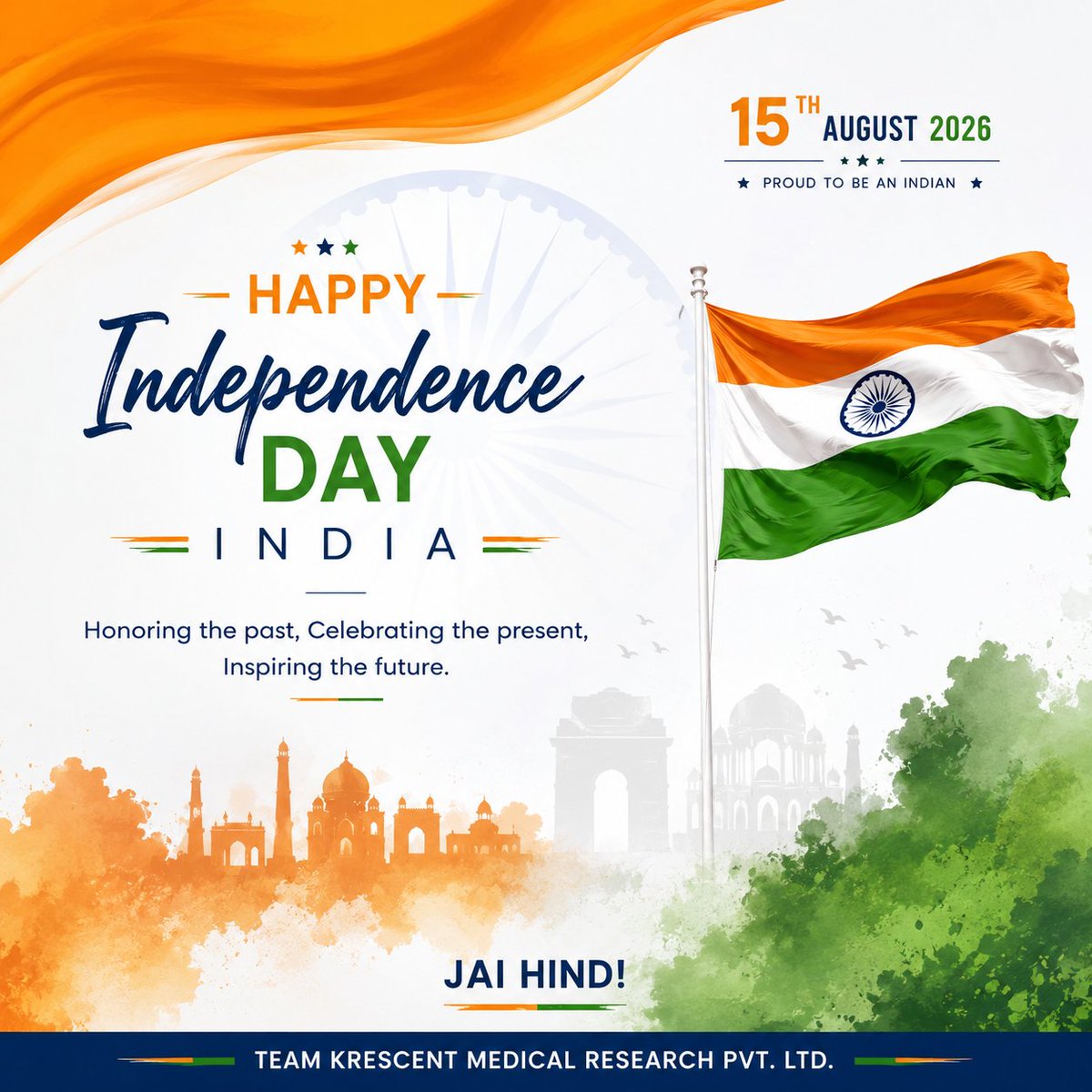 KrescentMedical's tweet photo. 🇮🇳 Happy Independence Day, India!

Honoring our freedom fighters and celebrating India’s journey of unity, progress &amp; innovation.
From Team Krescent — proud to contribute to a healthier, stronger India. 🇮🇳🔬

#IndependenceDay2026 #JaiHind #TeamKrescent https://t.co/dEUCPDiw03