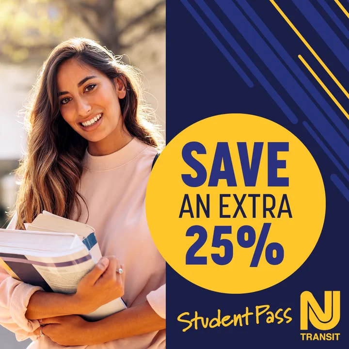 A person holding books smiles outdoors. The image promotes NJ Transit with a circular graphic stating, "Save an extra 25%, Student Pass.