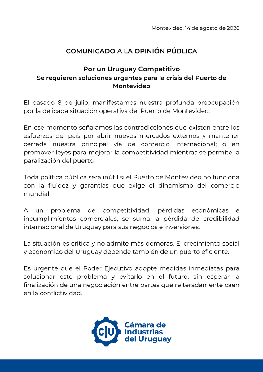 camindus's tweet photo. COMUNICADO A LA OPINIÓN PÚBLICA 

➡️Nuevamente manifestamos nuestra preocupación por la situación que atraviesa el 𝐏𝐮𝐞𝐫𝐭𝐨 𝐝𝐞 𝐌𝐨𝐧𝐭𝐞𝐯𝐢𝐝𝐞𝐨 y las consecuencias que esta genera para el comercio exterior y la economía nacional.

#IndustriaRepresentada⚙️ https://t.co/xSDsDzz2B1