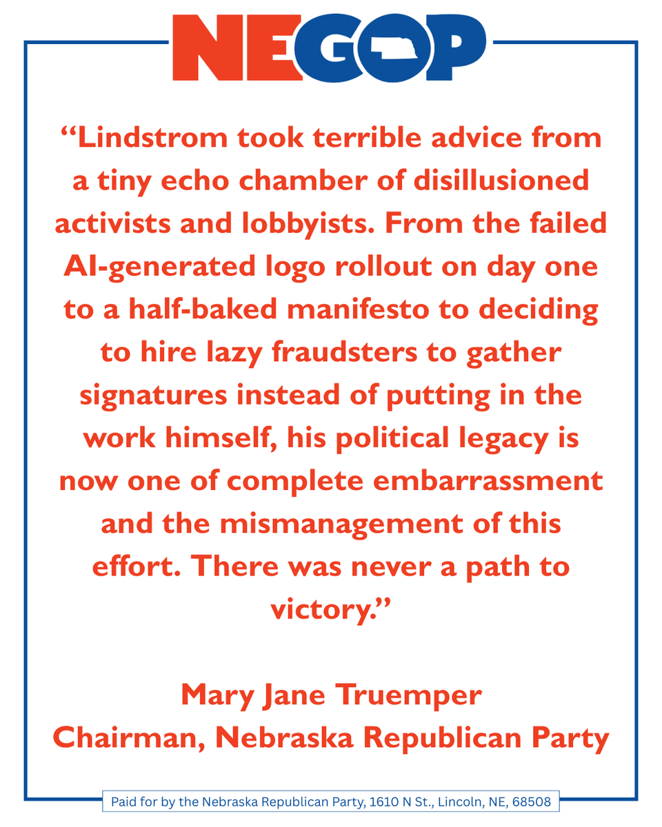 NEGOP's tweet photo. Please see the following statement regarding Brett Lindstrom's failure to appear on the general election ballot. https://t.co/hXa2aSfzpB