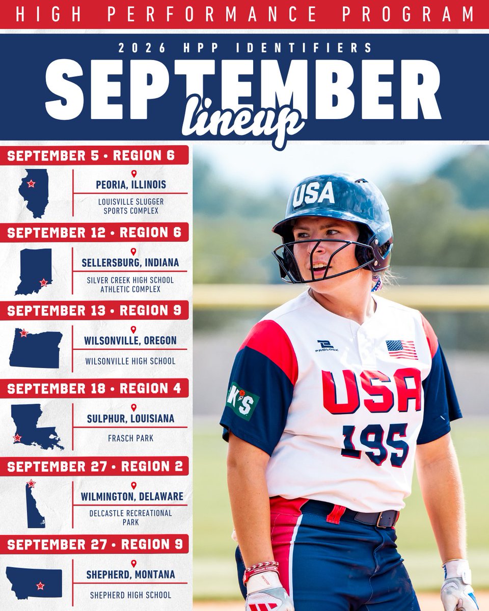 USASoftball's tweet photo. 𝐒𝐞𝐩𝐭𝐞𝐦𝐛𝐞𝐫 #HPP lineup 🗓️

𝗦𝗶𝗴𝗻 𝘂𝗽 𝗻𝗼𝘄 for an upcoming #USASoftball High Performance Program Identifier near you!

🔗 https://t.co/o1cQzyFggv https://t.co/qz3mQ20hIJ